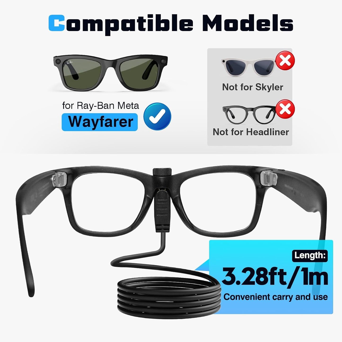 USB Charging Cable for Rayban Meta Wayfarer Smart Glasses, Portable Charger Cable Compatible with Meta Glasses Rayban, for Rayban Meta Accessories, 3.28Ft
