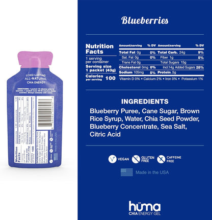 Huma Chia Energy Gel, Blueberries, 12 Gels - Premier Sports Nutrition for Endurance Exercise